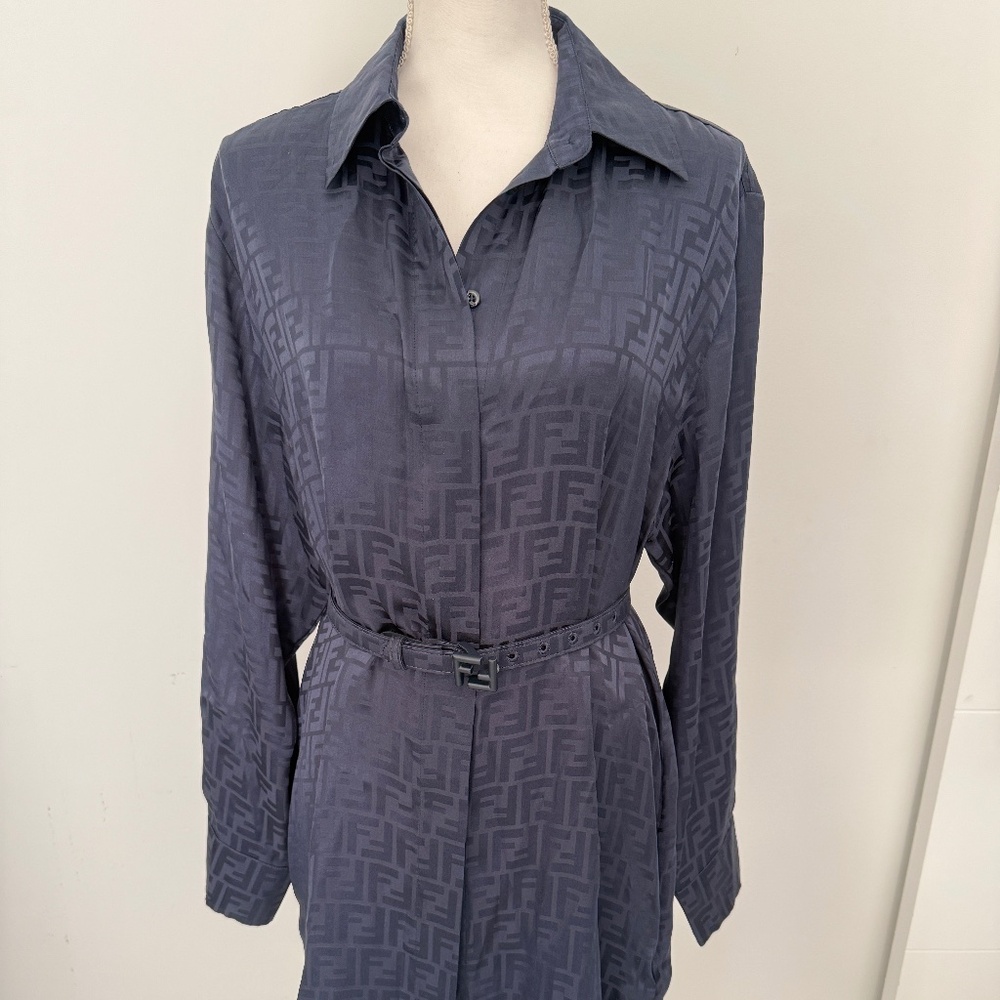FENDI Jacquard Belted FF Midi Shirt Dress NWT Size 42 Navy Blue